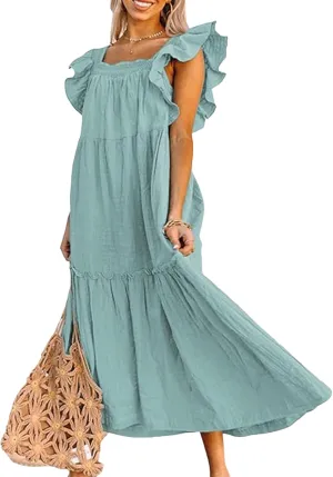 Womens Babydoll Maxi Dress Ruffle Cap Short Sleeve Dresses Tiered Pleated Swing Flowy Long Sundress Summer Outfits