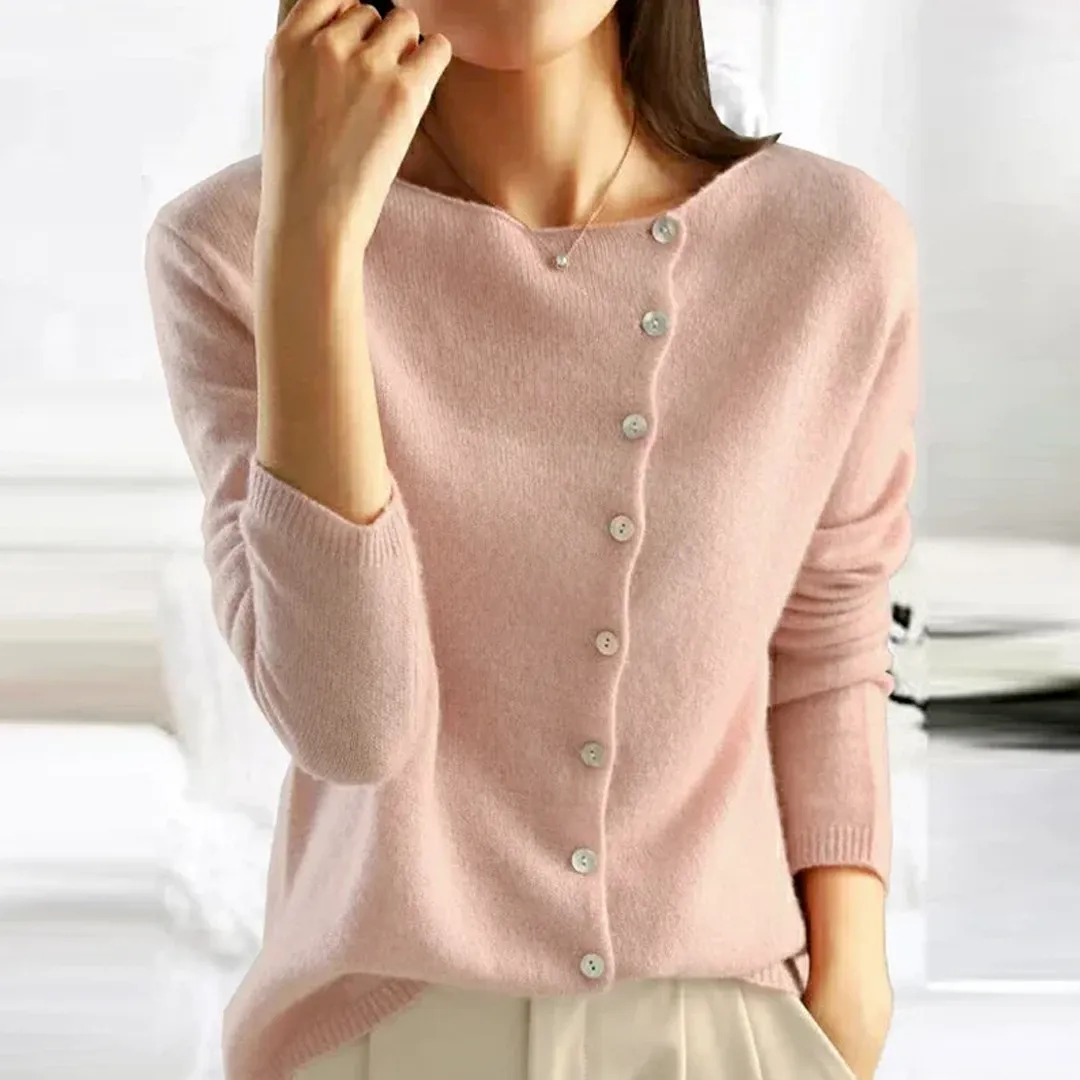 Womens Button-Up Cardigan  Relaxed Fit  Soft Wool-Like Texture  Round Neckline