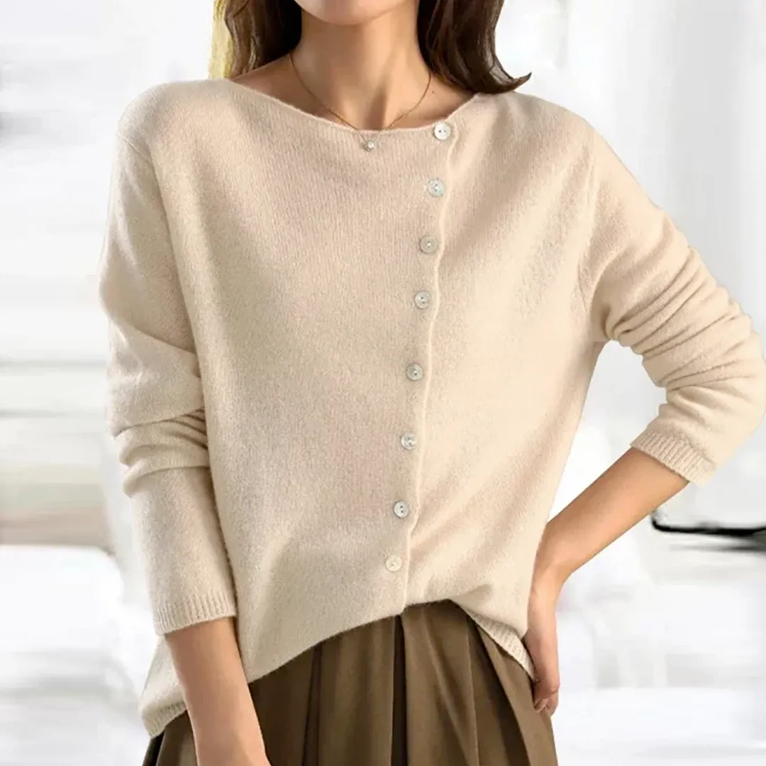 Womens Button-Up Cardigan  Relaxed Fit  Soft Wool-Like Texture  Round Neckline