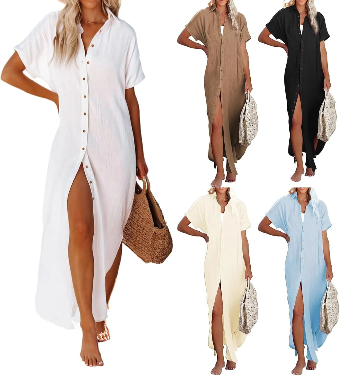 Womens Casual Short Sleeve Button Down Dress Side Split Swimsuit Cover Ups Long Kimonos Cardigans Summer Beach Dress