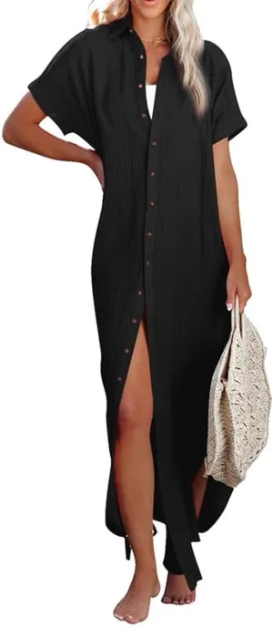 Womens Casual Short Sleeve Button Down Dress Side Split Swimsuit Cover Ups Long Kimonos Cardigans Summer Beach Dress
