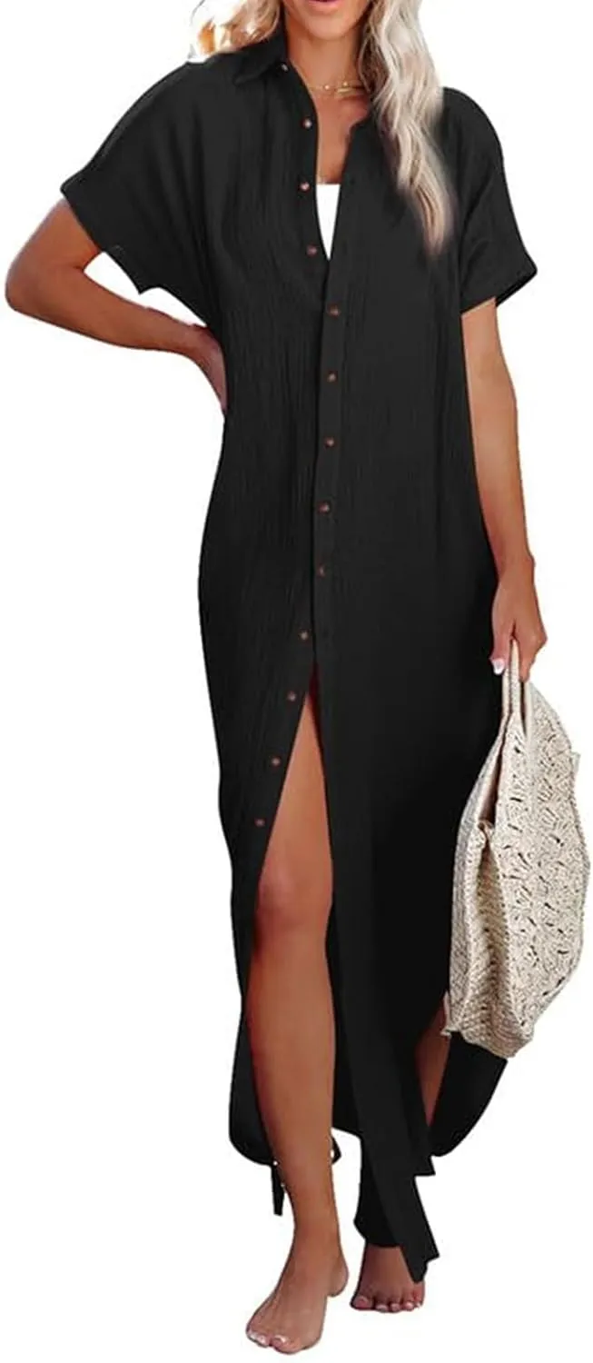 Womens Casual Short Sleeve Button Down Dress Side Split Swimsuit Cover Ups Long Kimonos Cardigans Summer Beach Dress
