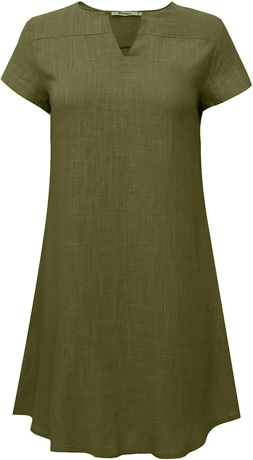 Women's Cotton Linen Midi Dress V Neck Short Sleeve Causal Loose Tshirt Dresses Summer Split 2025 Plus Size Dress
