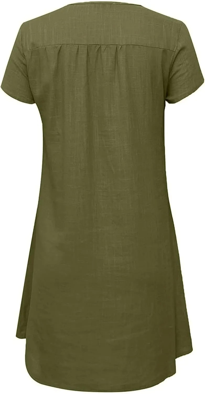Women's Cotton Linen Midi Dress V Neck Short Sleeve Causal Loose Tshirt Dresses Summer Split 2025 Plus Size Dress
