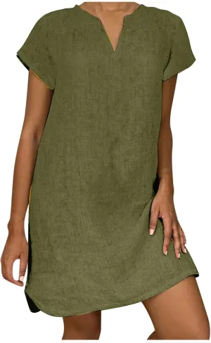Women's Cotton Linen Midi Dress V Neck Short Sleeve Causal Loose Tshirt Dresses Summer Split 2025 Plus Size Dress