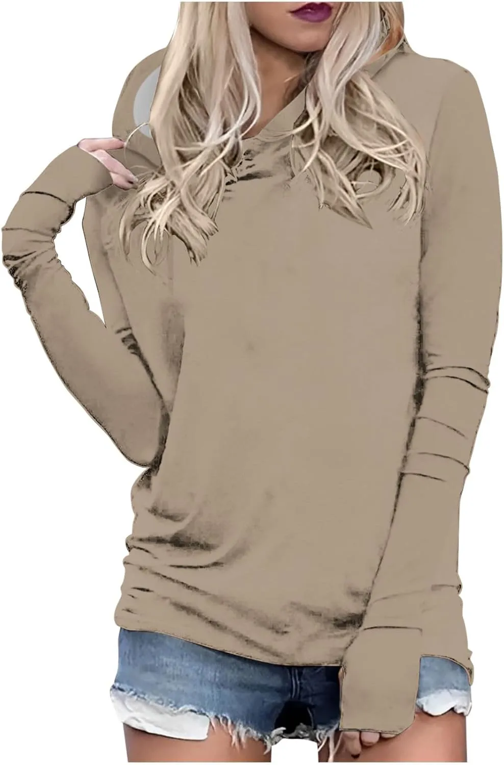 Womens Hoodies,Solid Color Hoodie Sweatshirt With Thumb Hole Slim Fit Pullover Tops Fleece Soft Sweater Tops 2024 Fall