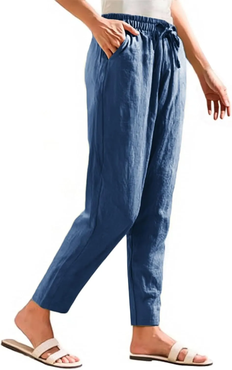 Womens Linen Pants Straight Leg Beach Palazzo Pants Casual Elastic Drawstring Waist Boho Lounge Pants with Pockets