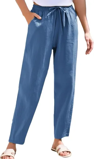 Womens Linen Pants Straight Leg Beach Palazzo Pants Casual Elastic Drawstring Waist Boho Lounge Pants with Pockets