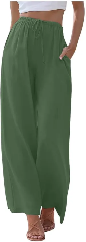 Women's Pants Trendy Linen Summer Wide Leg Pants Flowy Solid Color Beach Pants with Pockets Dress Pants, S-3XL