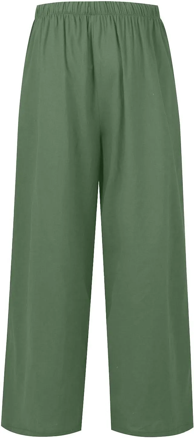 Women's Pants Trendy Linen Summer Wide Leg Pants Flowy Solid Color Beach Pants with Pockets Dress Pants, S-3XL