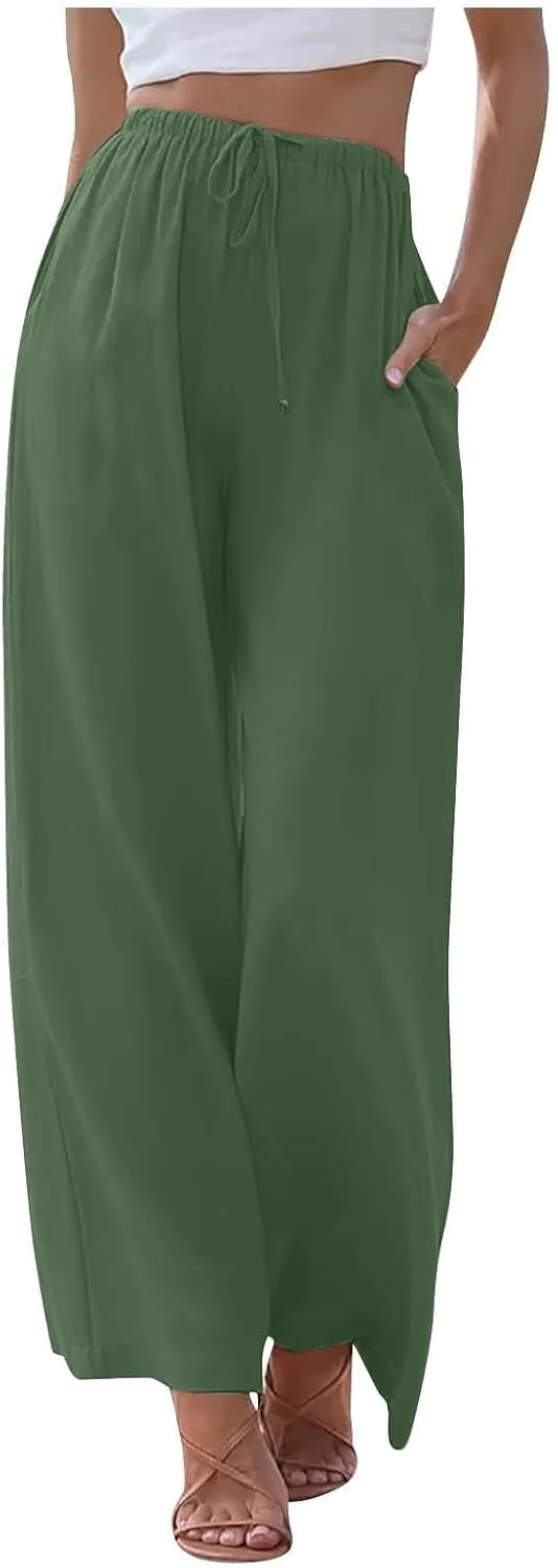 Women's Pants Trendy Linen Summer Wide Leg Pants Flowy Solid Color Beach Pants with Pockets Dress Pants, S-3XL