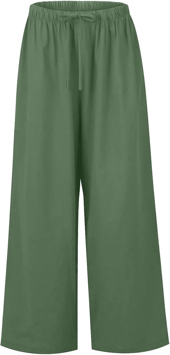 Women's Pants Trendy Linen Summer Wide Leg Pants Flowy Solid Color Beach Pants with Pockets Dress Pants, S-3XL