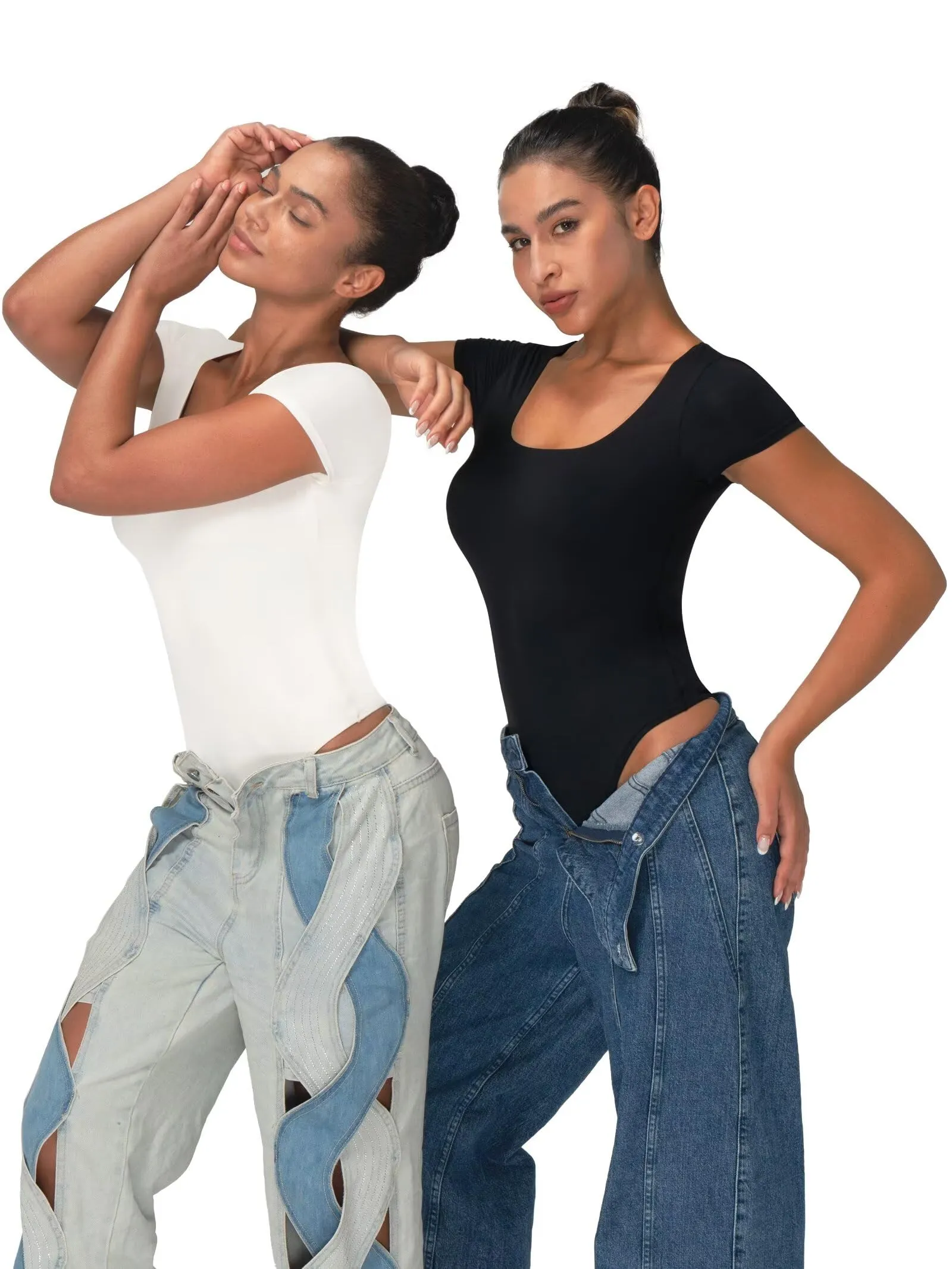Women's Scoop Neck T-Shirt Bodysuit  High Stretch Seamless Thong Leotard Moisture-Wicking Layering Essentials