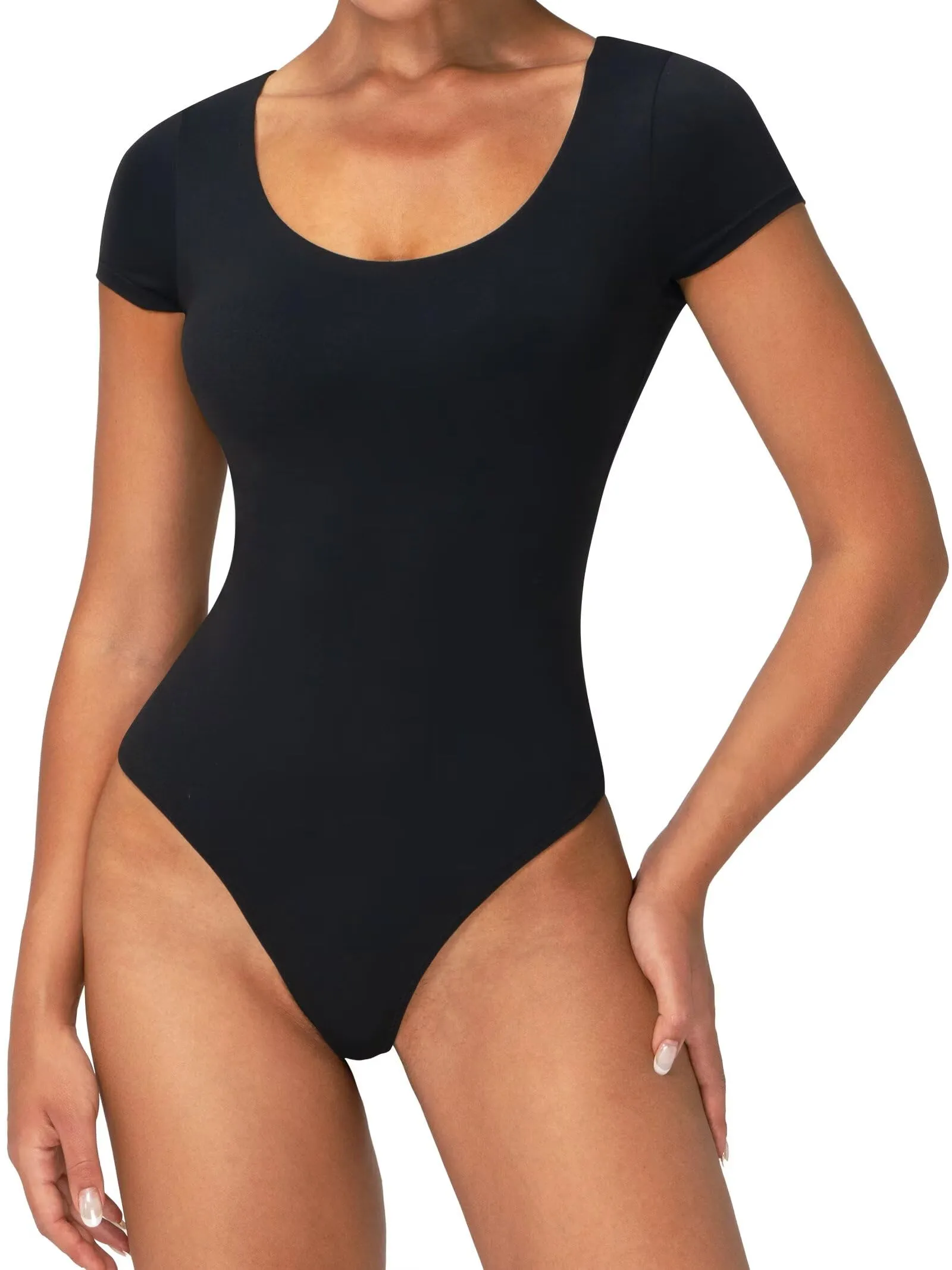 Women's Scoop Neck T-Shirt Bodysuit  High Stretch Seamless Thong Leotard Moisture-Wicking Layering Essentials