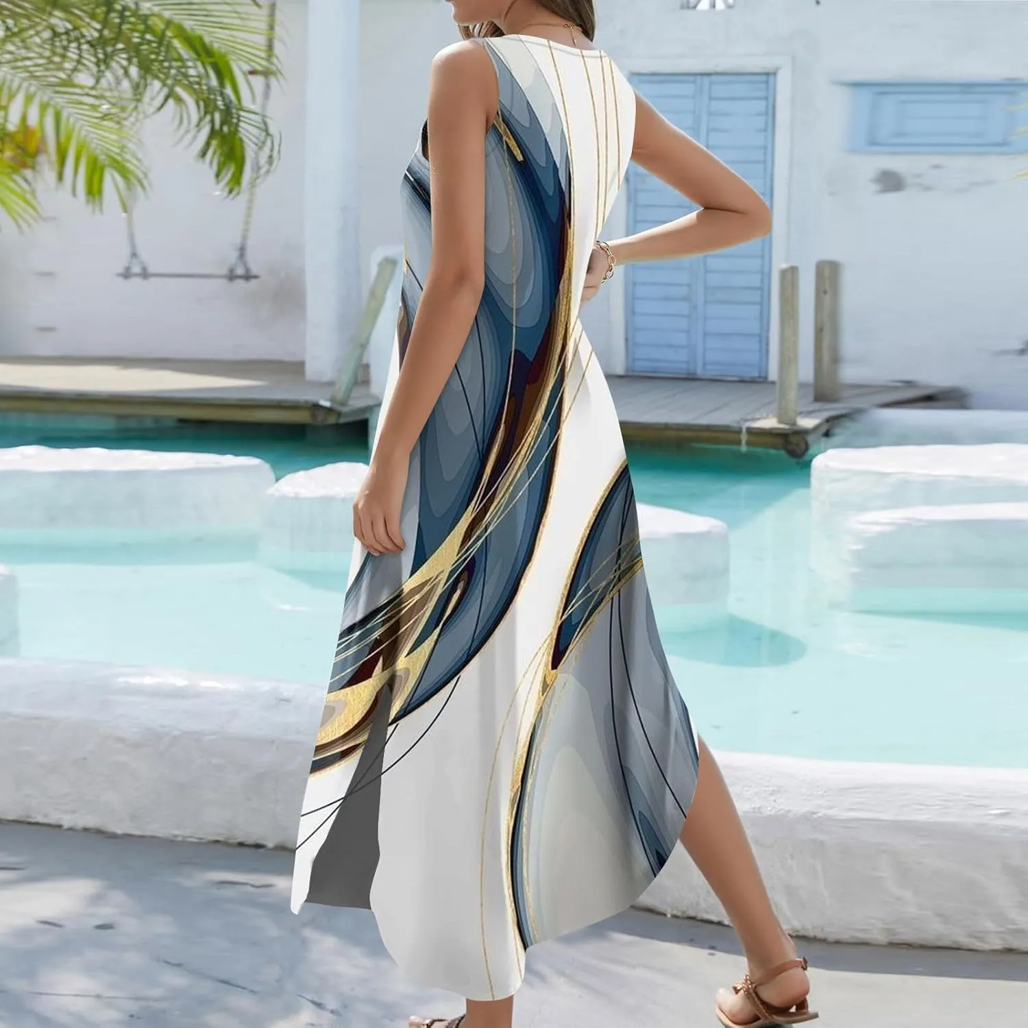 Women's Summer Casual Loose Dresses 2024 Floral Print Sleeveless Beach Sundress V Neck Split Tshirt Maxi Dresses
