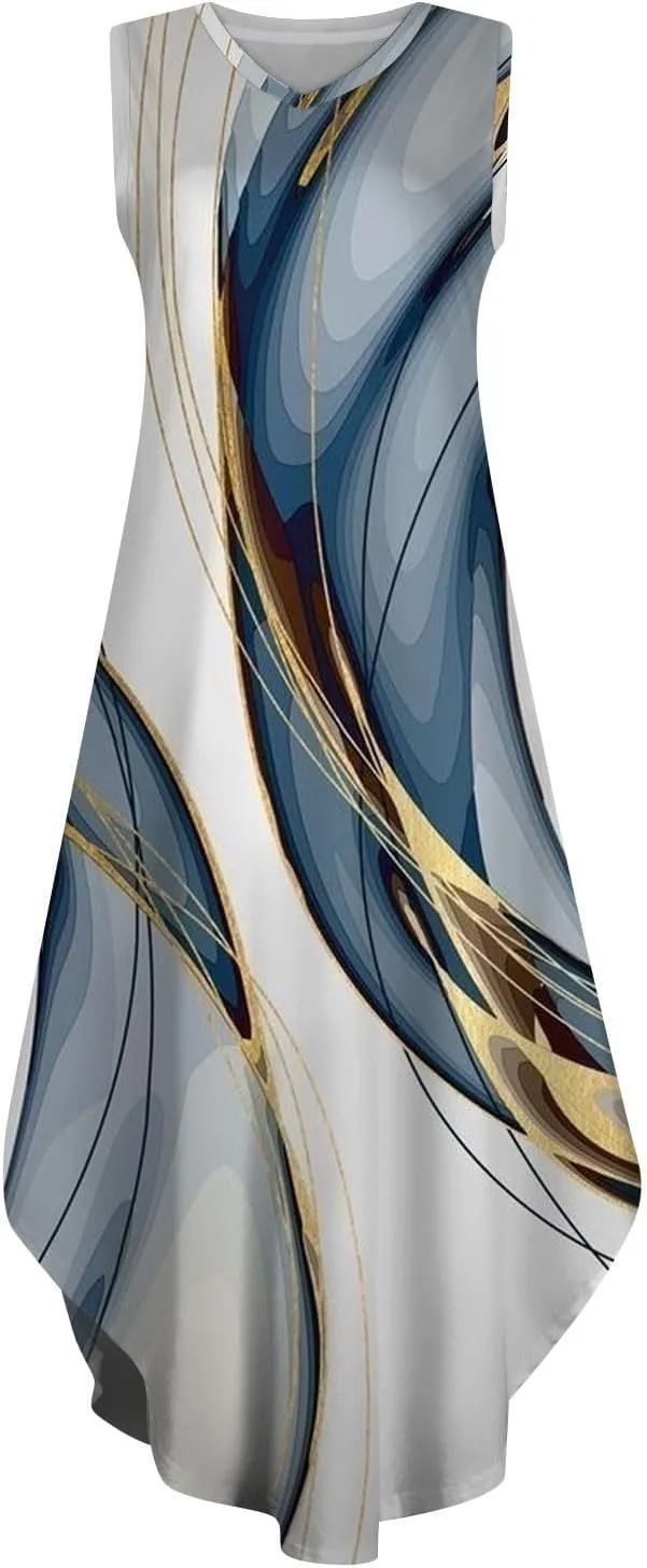 Women's Summer Casual Loose Dresses 2024 Floral Print Sleeveless Beach Sundress V Neck Split Tshirt Maxi Dresses
