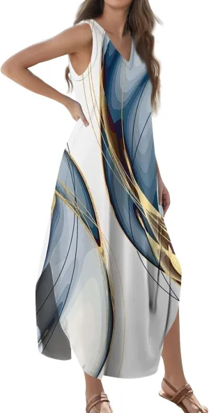 Women's Summer Casual Loose Dresses 2024 Floral Print Sleeveless Beach Sundress V Neck Split Tshirt Maxi Dresses