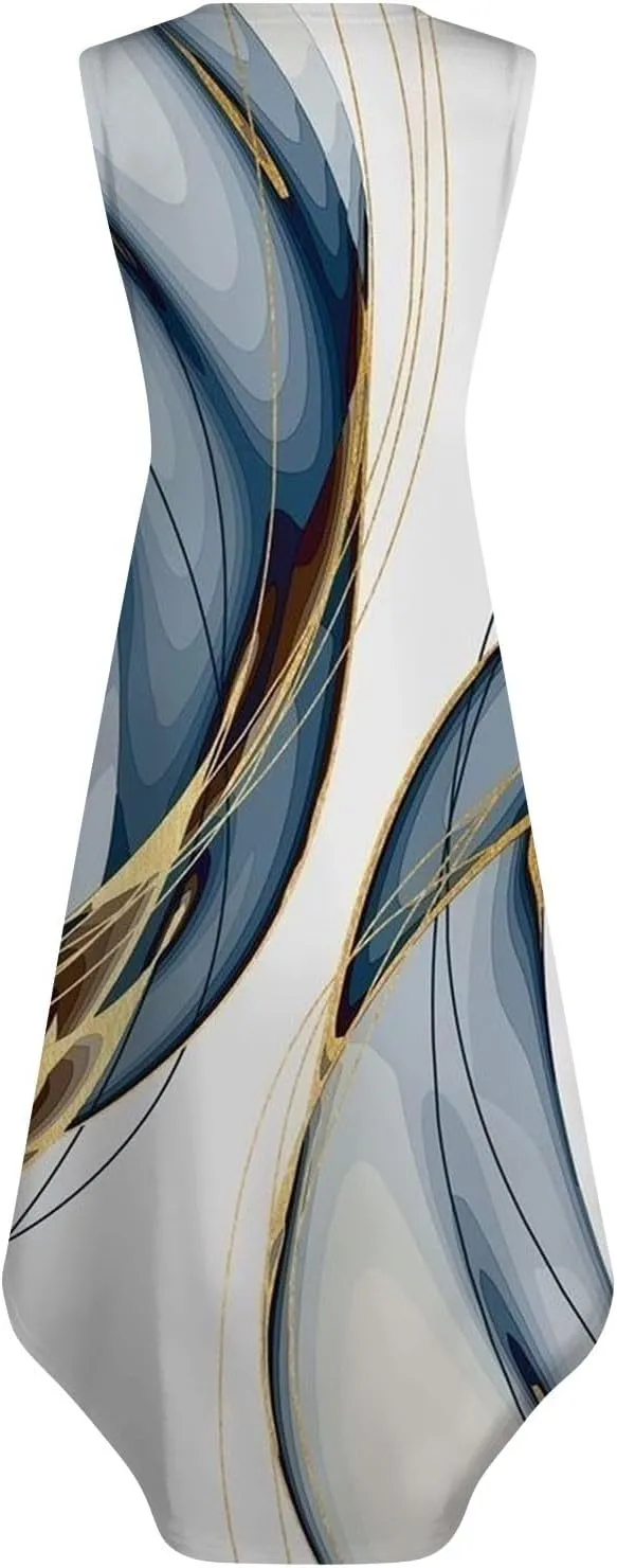 Women's Summer Casual Loose Dresses 2024 Floral Print Sleeveless Beach Sundress V Neck Split Tshirt Maxi Dresses
