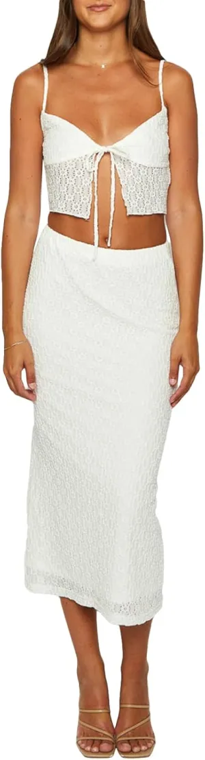 Womens Two Piece Midi Skirt Set Textured Floral Cami Crop Top Mid Rise Long Skirt Sexy Party Dresses