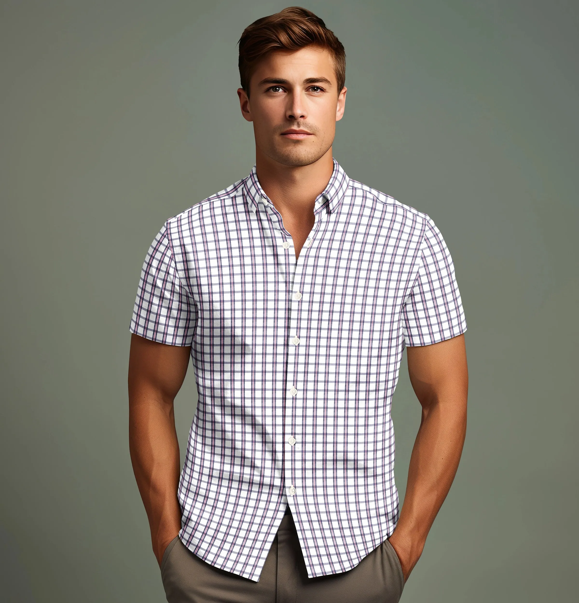 Wrinkle-free Navy and Red Checks - Short Sleeve